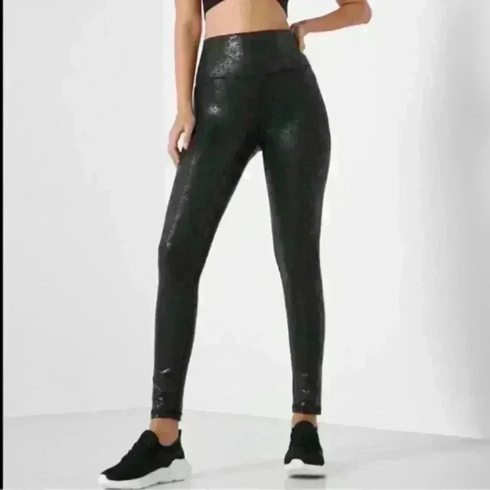 Offline by Aerie Black Metallic Faux Leather Animal Print Leggings Size XS